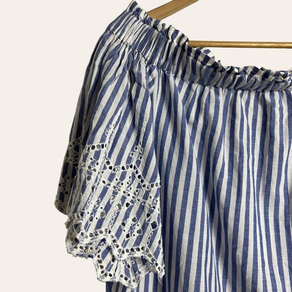 H&M Blue & White Striped Off-the-Shoulder Embroidered Top Size 4 - Picture 4 of 6
